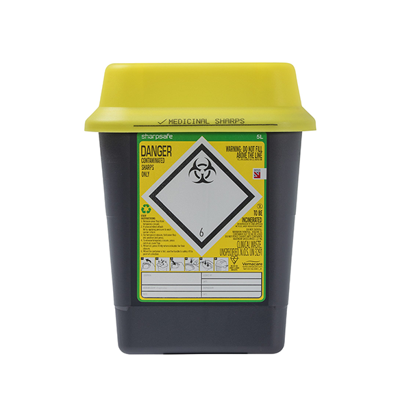 Sharpsafe® 5 Litre Yellow Lid Recycled Polymer Container